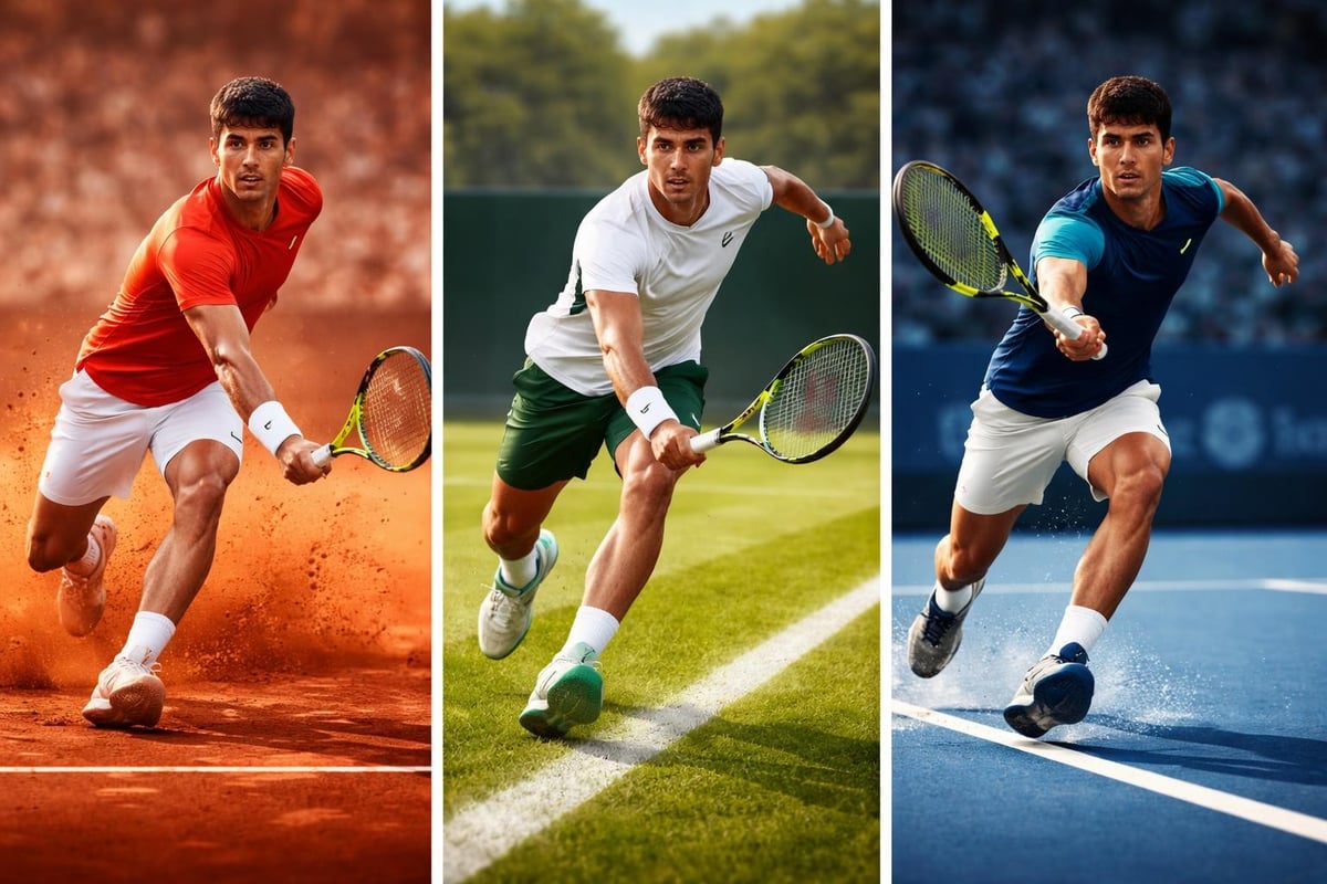 Carlos Alcaraz displaying versatility across clay, grass, and hard court surfaces