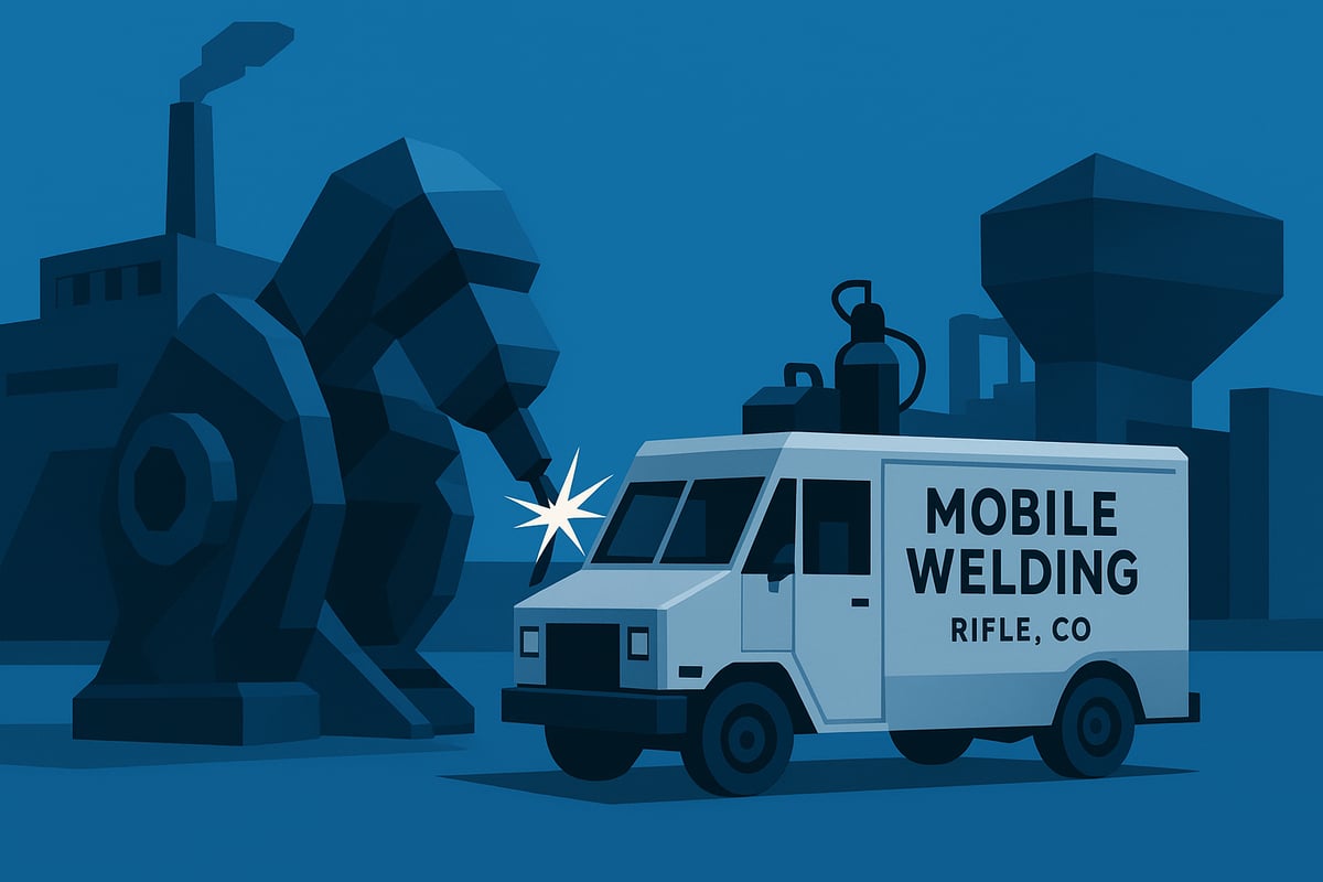 Mobile welding truck in Rifle, CO performing emergency welding services with industrial backdrop and sparks flying from welding torch.
