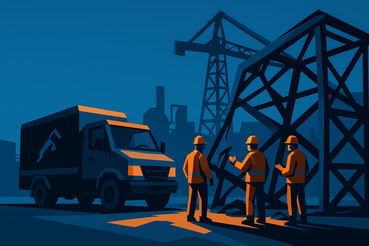 Industrial workers in safety gear discussing emergency response near a damaged structure, with a service truck in the background, emphasizing the importance of quick action in welding emergencies.