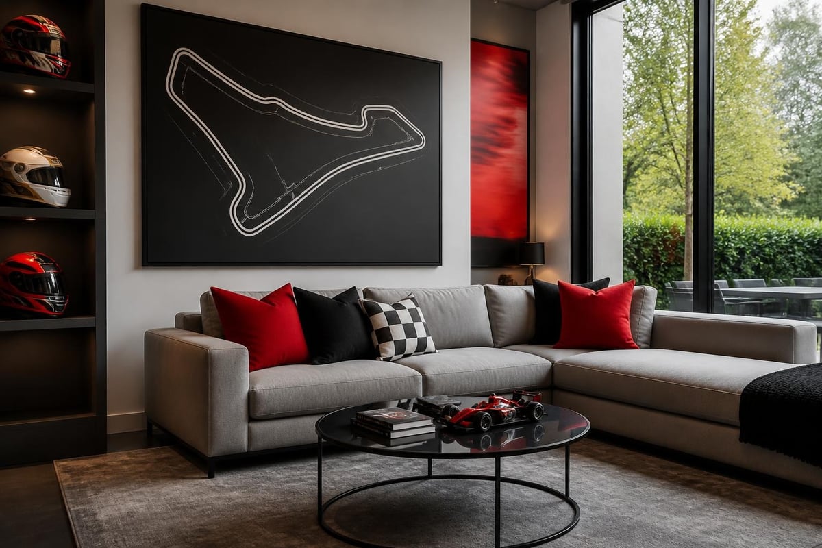 Formula 1 circuit layouts and racing elements in interior design