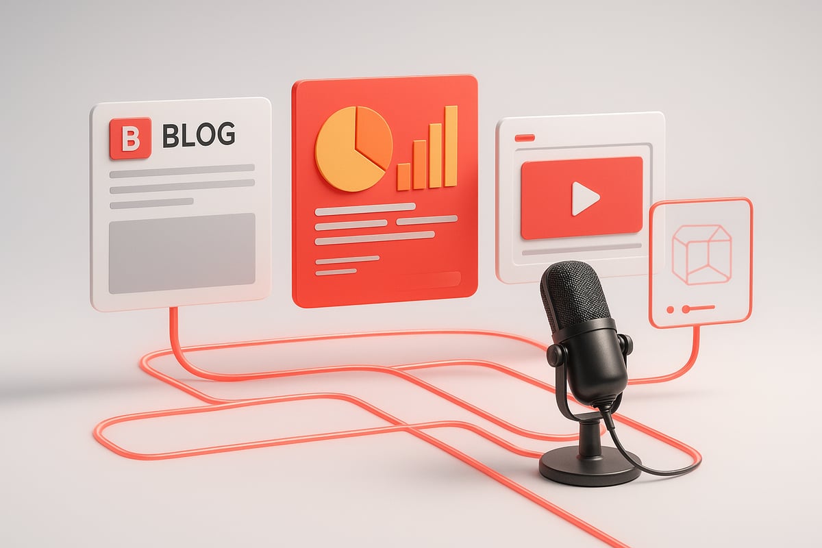 Microphone connected to blog, analytics chart, video player, and 3D icon via orange wires.