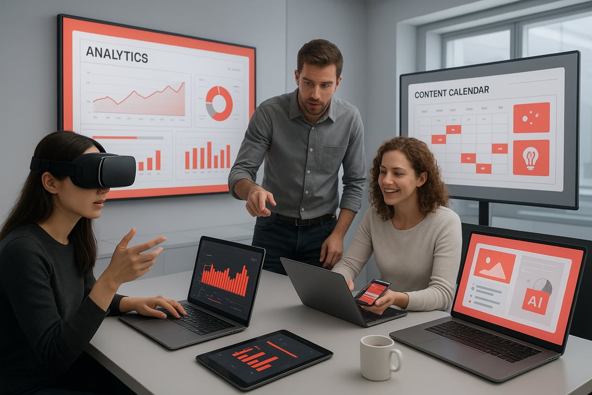 Three people in a meeting room, one wearing a VR headset, looking at data on screens.