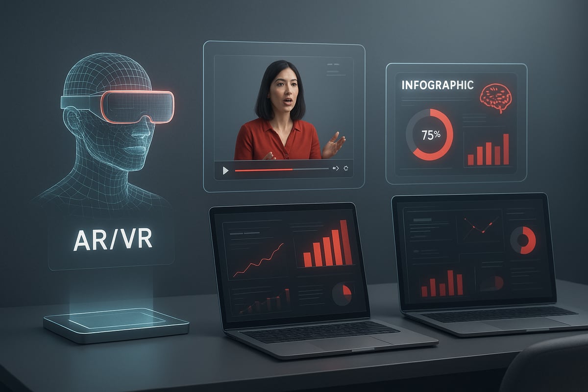 Woman presenting with AR/VR graphics, data visualization, and laptops.