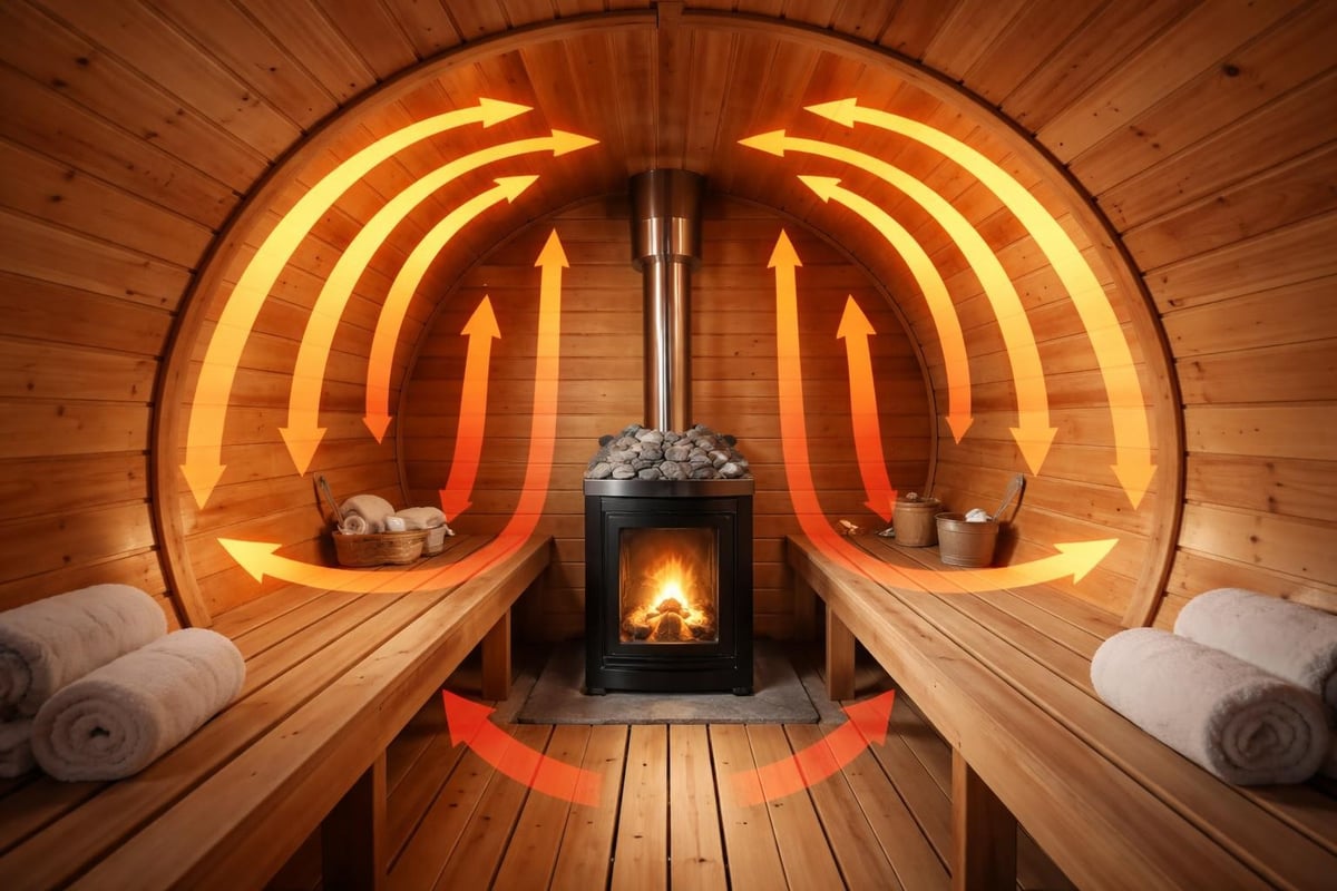 Barrel sauna heat circulation