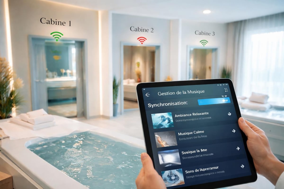Music apps syncing across multiple thalasso treatment rooms
