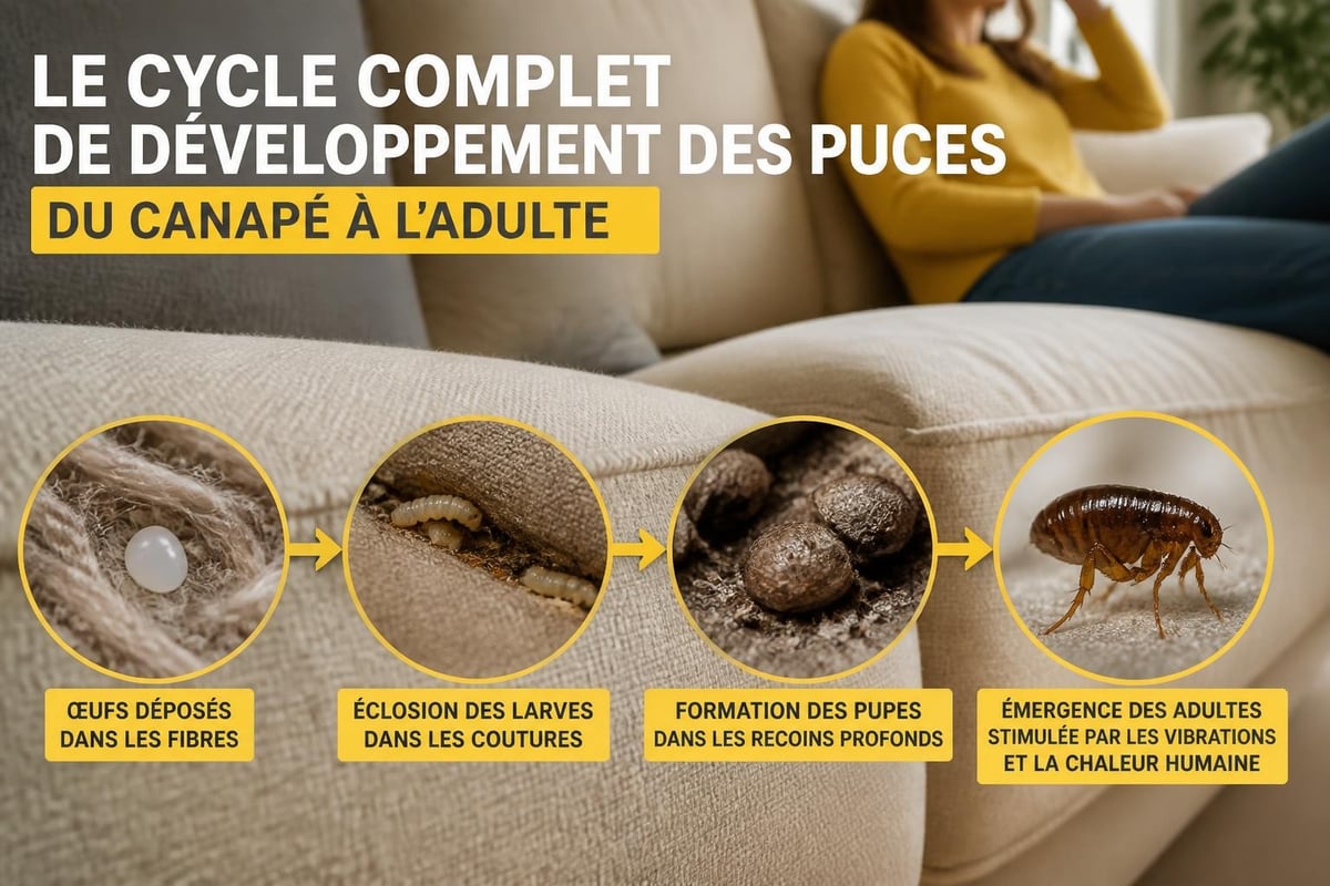 Cycle de vie des puces dans le canapé