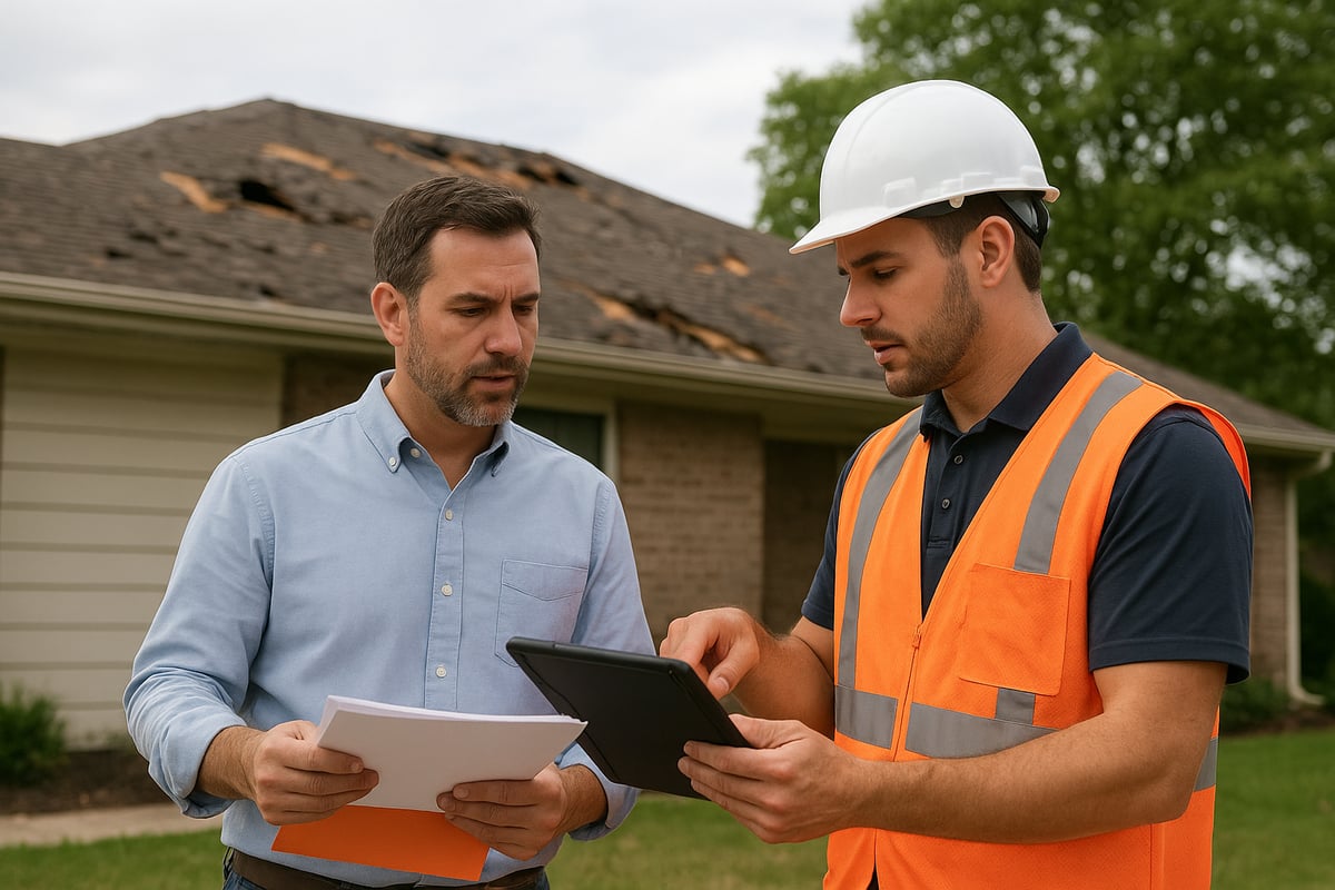 Homeowner discussing roof damage and insurance claim details with contractor, showing documents and tablet, in front of a house with visible roof damage.