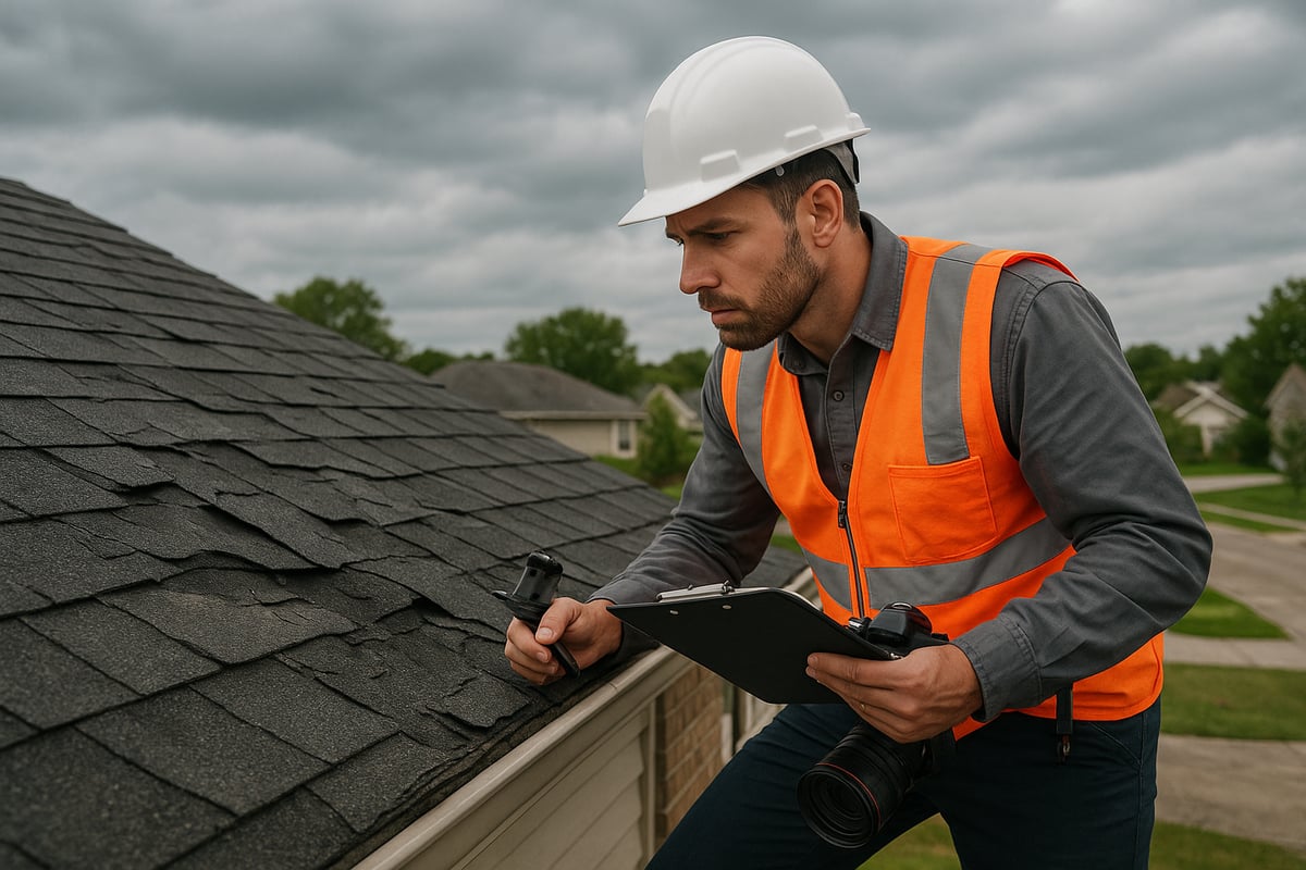 Roof inspector examining damaged shingles with clipboard and camera, wearing safety helmet and high-visibility vest, amidst cloudy skies, emphasizing roof repair insurance claims.