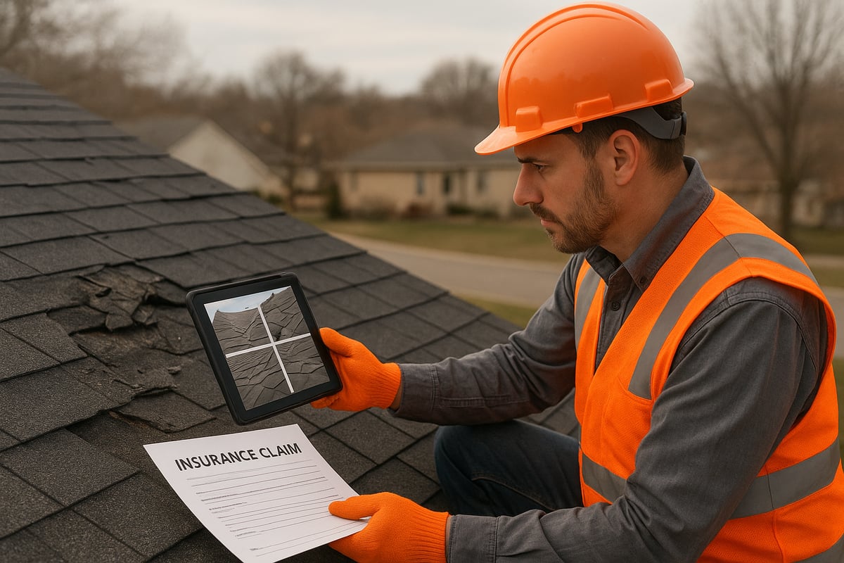 Construction worker in safety gear reviewing roof damage on a tablet while holding an insurance claim form, emphasizing roof repair and insurance claims assistance.