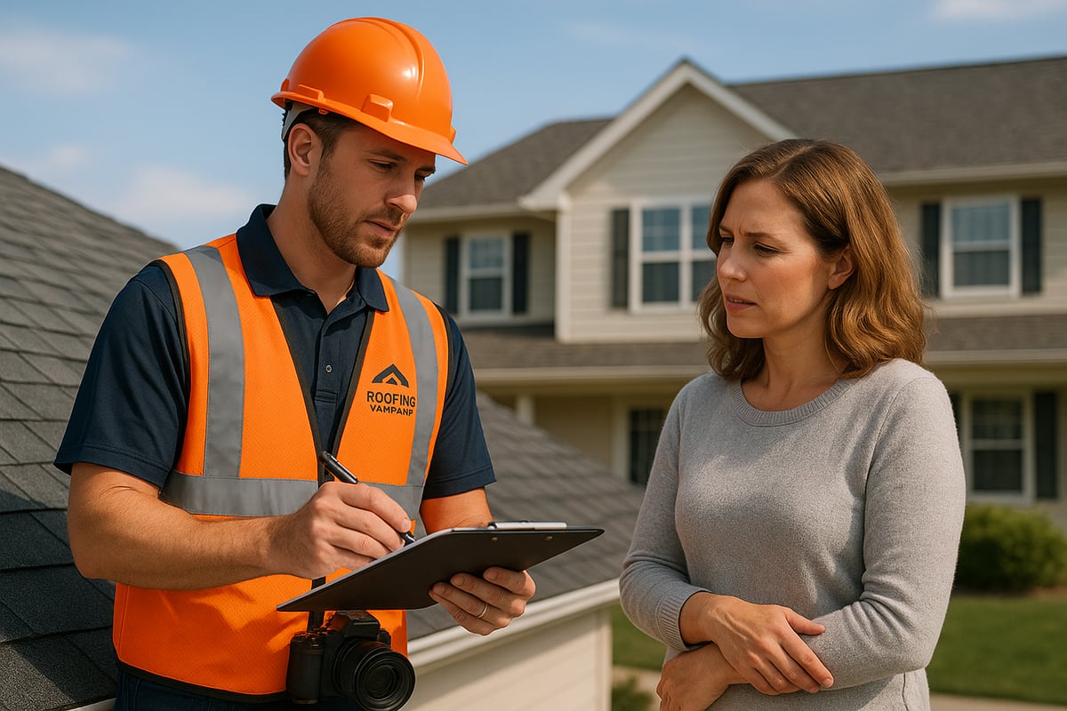 Roofing contractor in safety gear discussing roof inspection details with a homeowner, emphasizing the importance of selecting the right contractor for insurance claims.