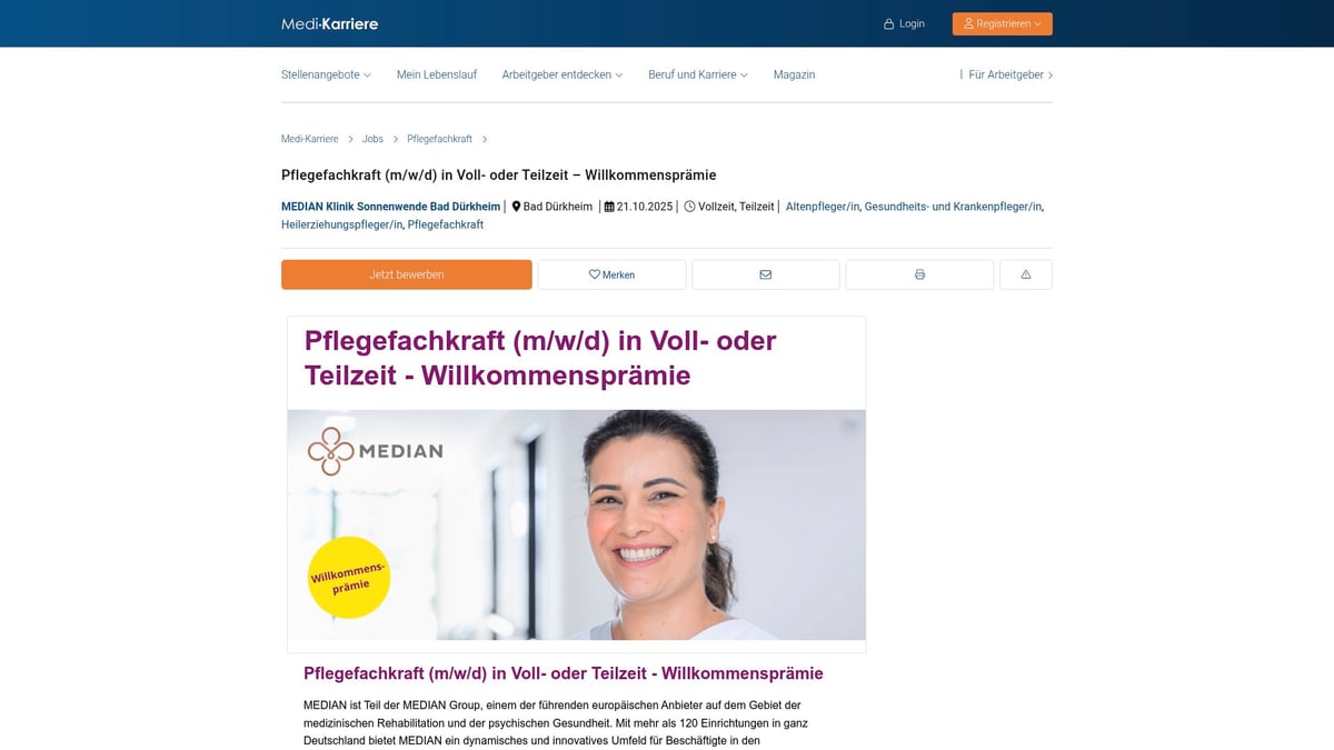 7 Top Pflegefachkraft Stellenangebote 2025 im Überblick - Pflegefachkraft – MEDIAN Klinik Sonnenwende, Bad Dürkheim