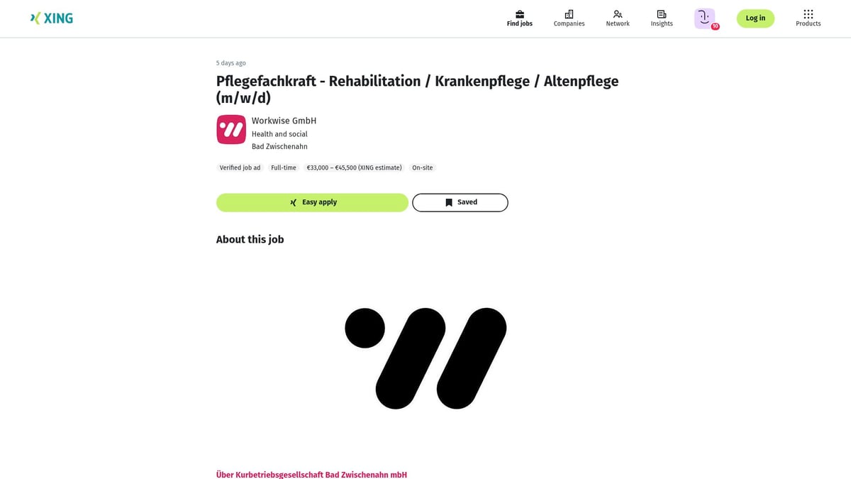 7 Top Pflegefachkraft Stellenangebote 2025 im Überblick - Pflegefachkraft - Rehabilitation/Altenpflege – Workwise GmbH, Bad Zwischenahn