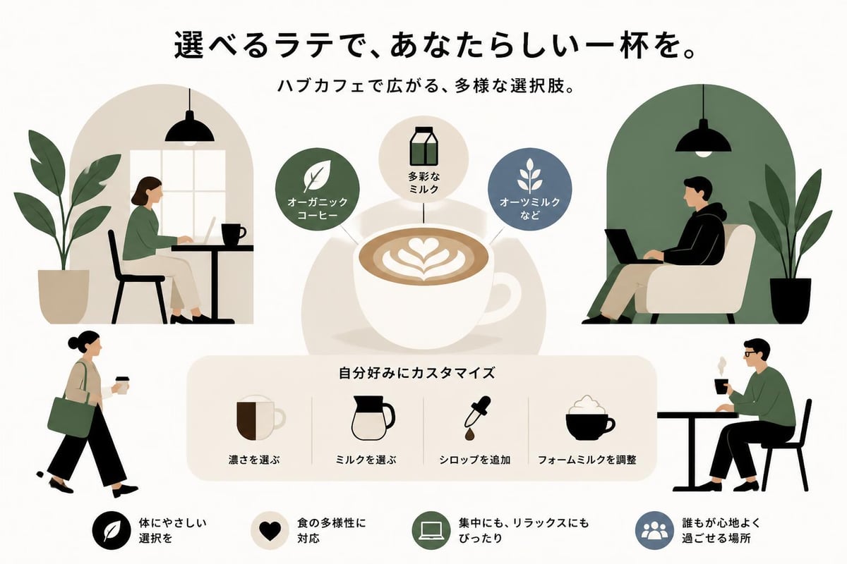 Hub cafeのカフェラテメニューの多様性