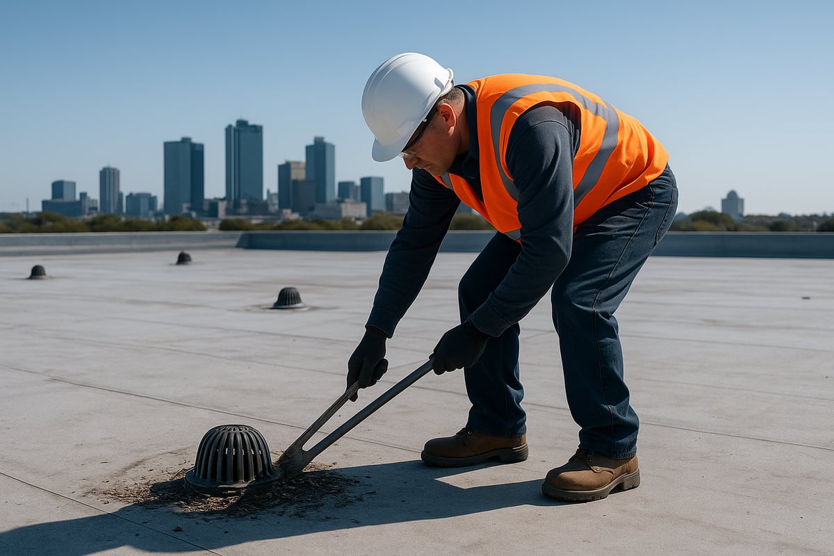 Worker in safety gear performing maintenance on a commercial roof in Fort Worth, Texas, focusing on debris removal near a drainage system, with city skyline in the background.