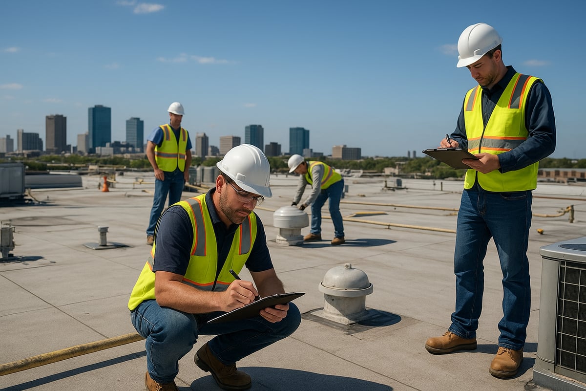 Team of roofing professionals conducting a thorough inspection on a commercial building rooftop in Fort Worth, wearing safety gear and taking notes, with the city skyline in the background.