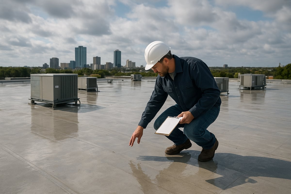 Man inspecting a commercial roof in Fort Worth, wearing a hard hat and holding a clipboard, with HVAC units and city skyline in the background, highlighting durability and maintenance challenges in local roofing.