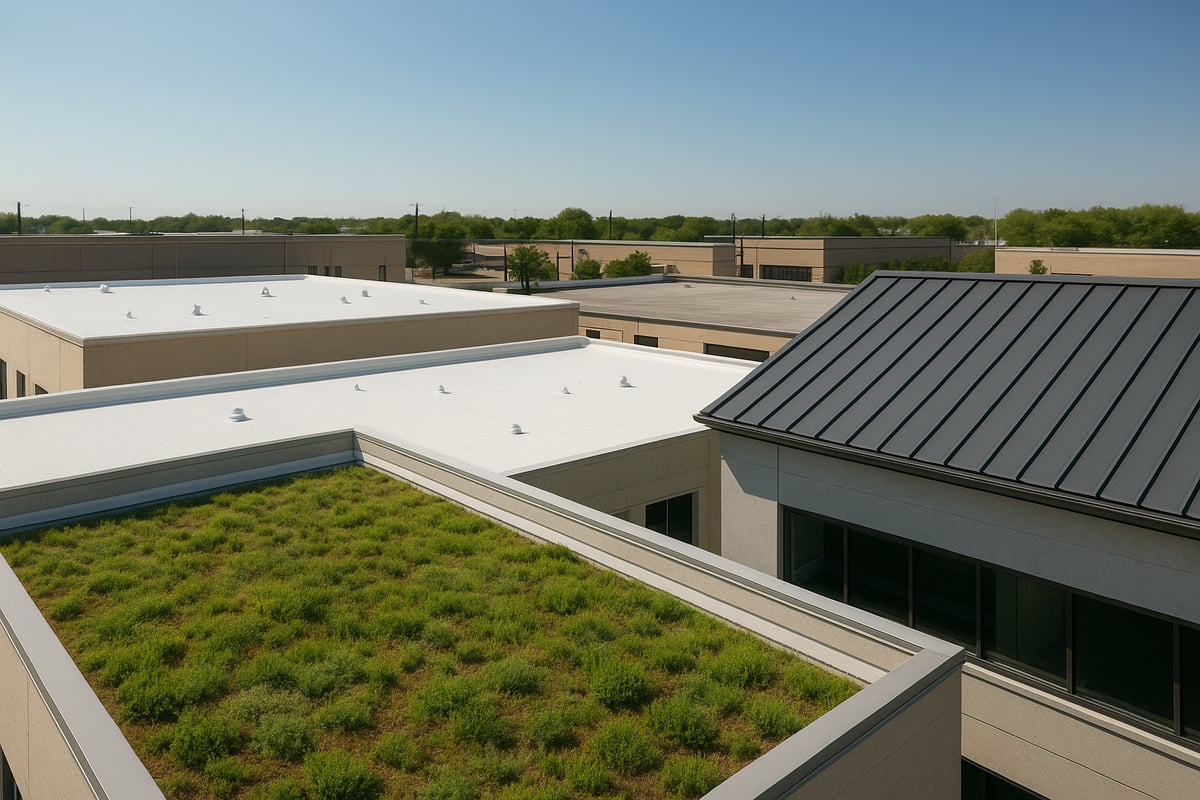 Flat commercial roofs with white single-ply membrane and green vegetation, showcasing modern roofing solutions suitable for Fort Worth's climate.