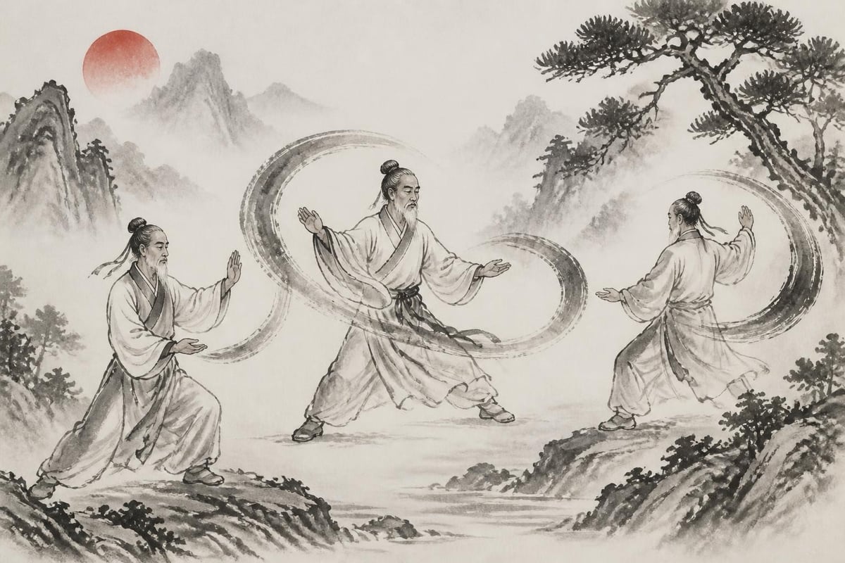 Person practicing flowing tai chi movements