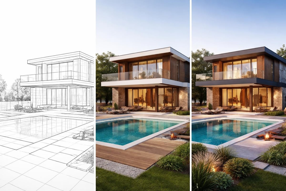3D house rendering workflow stages