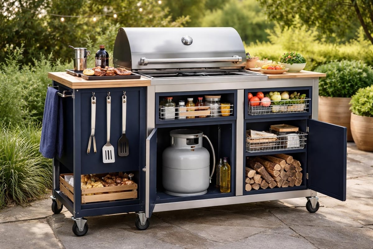 Storage zones in bbq trolley