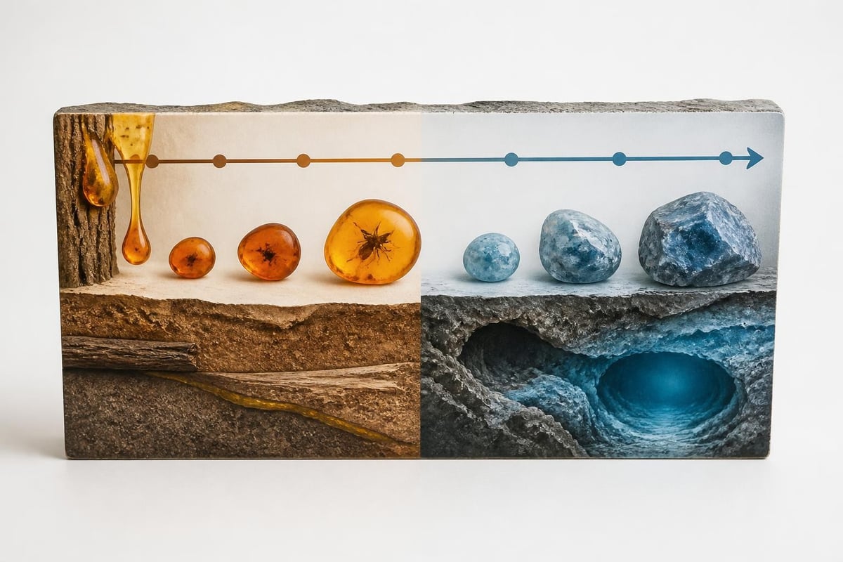 Amber fossilization and larimar crystallization