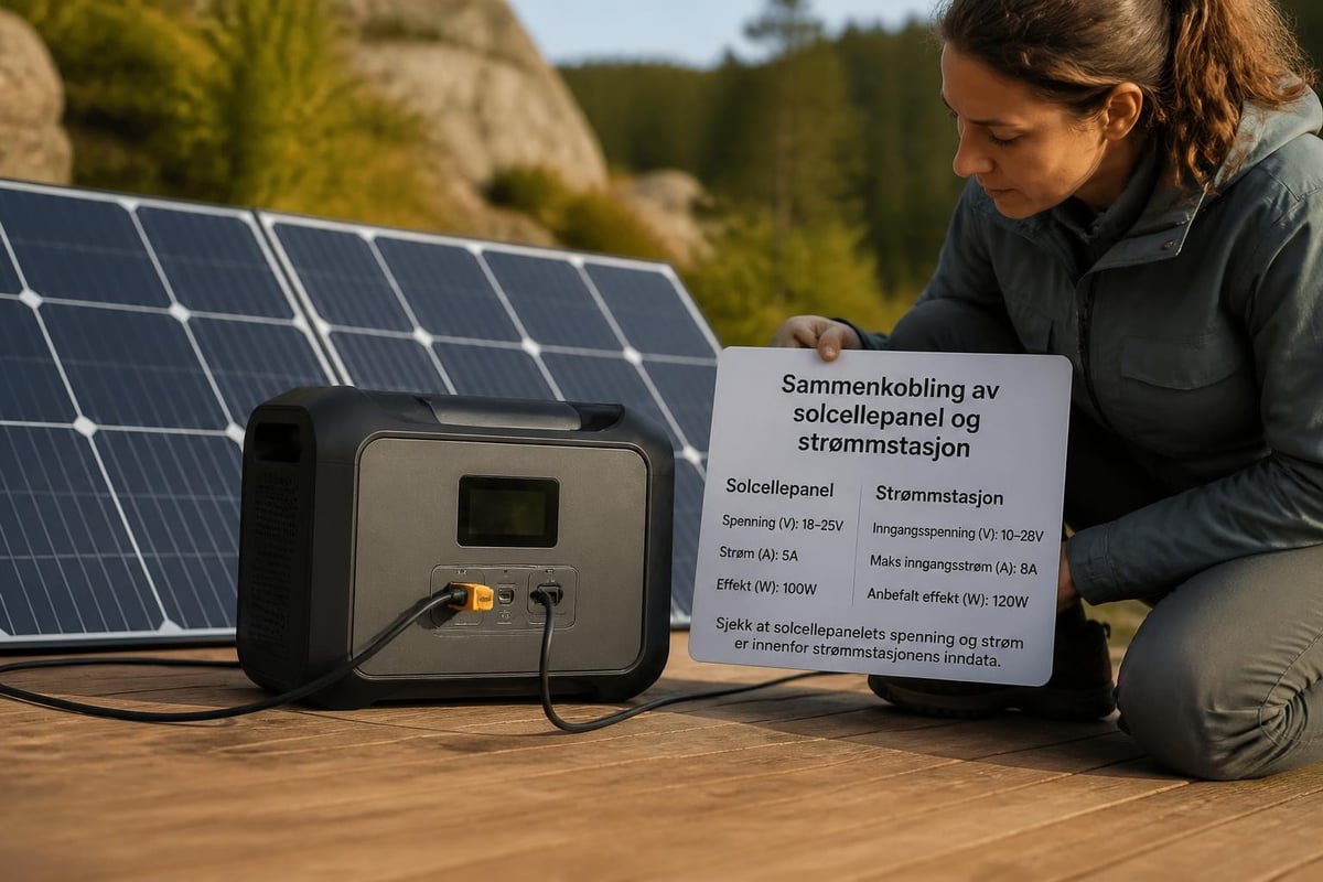 Solcellepanel og strømstasjon sammenkobling