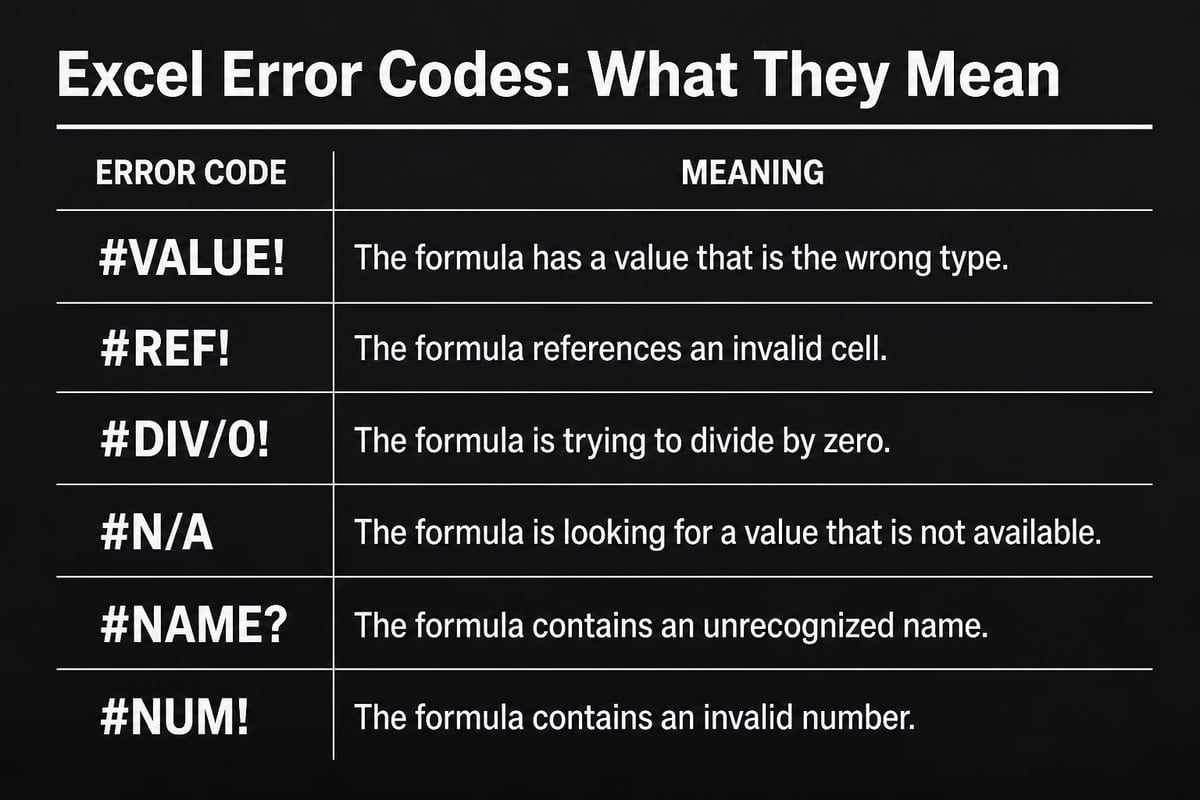 Common Excel error types