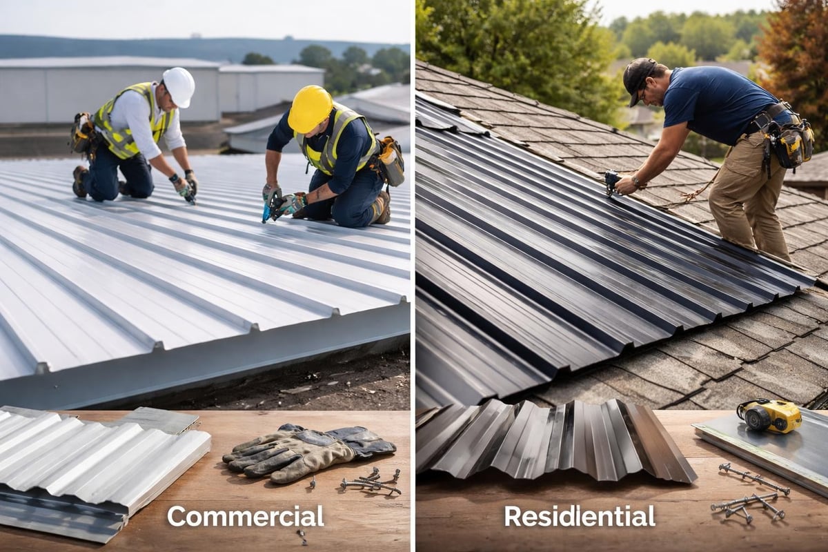 Commercial and residential metal roofing installation comparison, featuring contractors working on a commercial metal roof and a residential metal roof, highlighting differences in panel types and installation techniques.