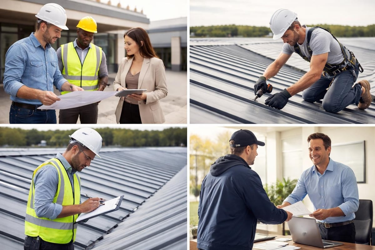 Contractors discussing project plans, inspecting metal roofing installations, and engaging in client communication, highlighting expertise in commercial roofing.