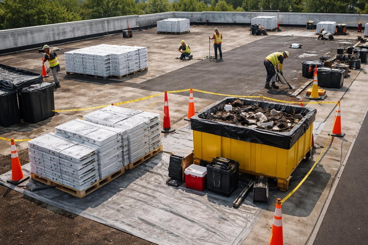 Construction workers on a rooftop site, organized stacks of metal roofing materials, waste containers, and safety cones, illustrating site cleanliness and safety practices in commercial roofing operations.
