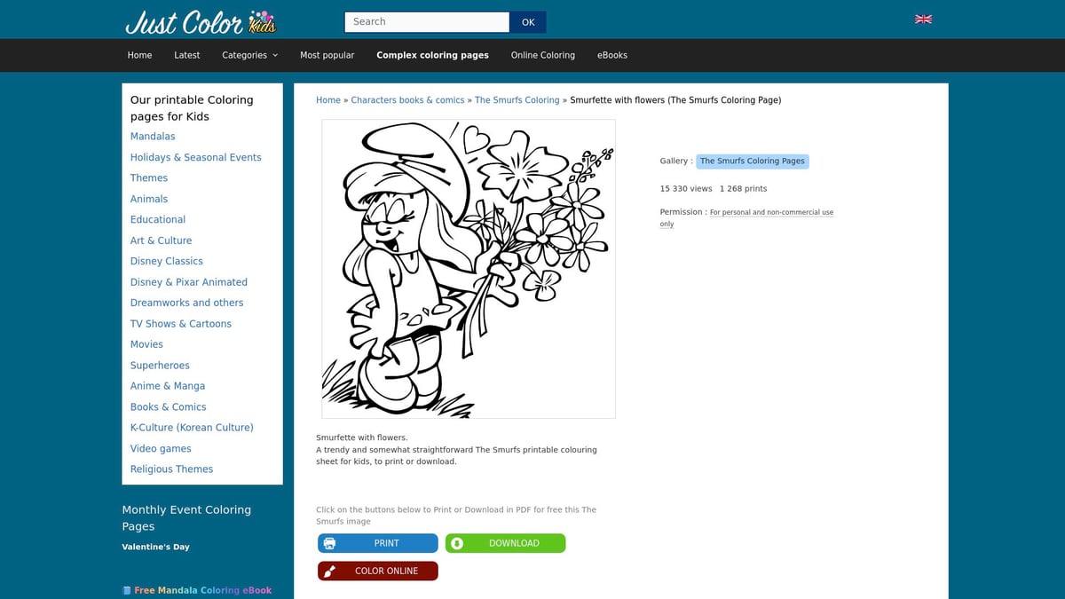 10 Best Smurfs Coloring Pages to Print and Color in 2026 - Smurfette with Flowers – JustColor