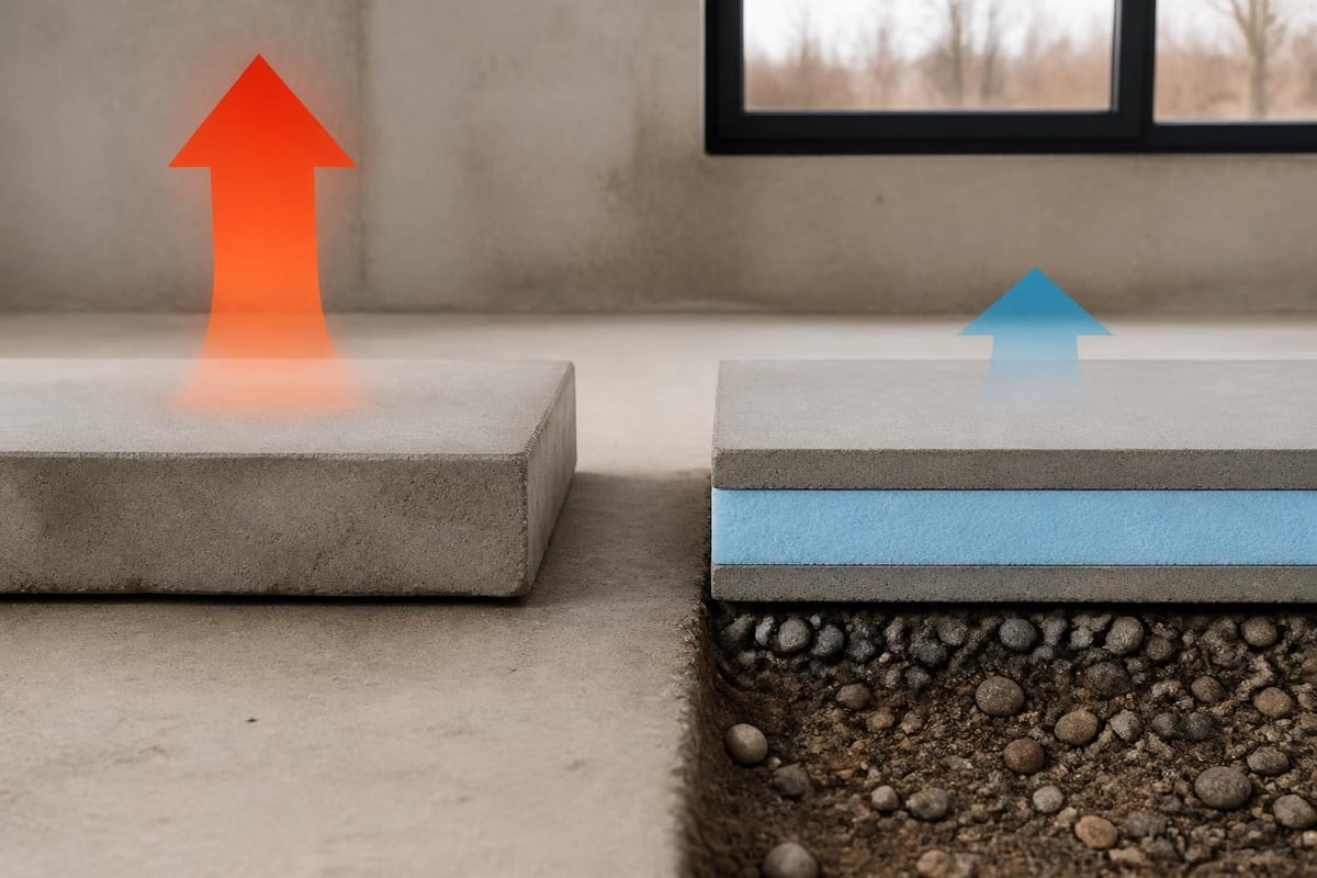 Heat transfer through uninsulated versus insulated concrete slabs