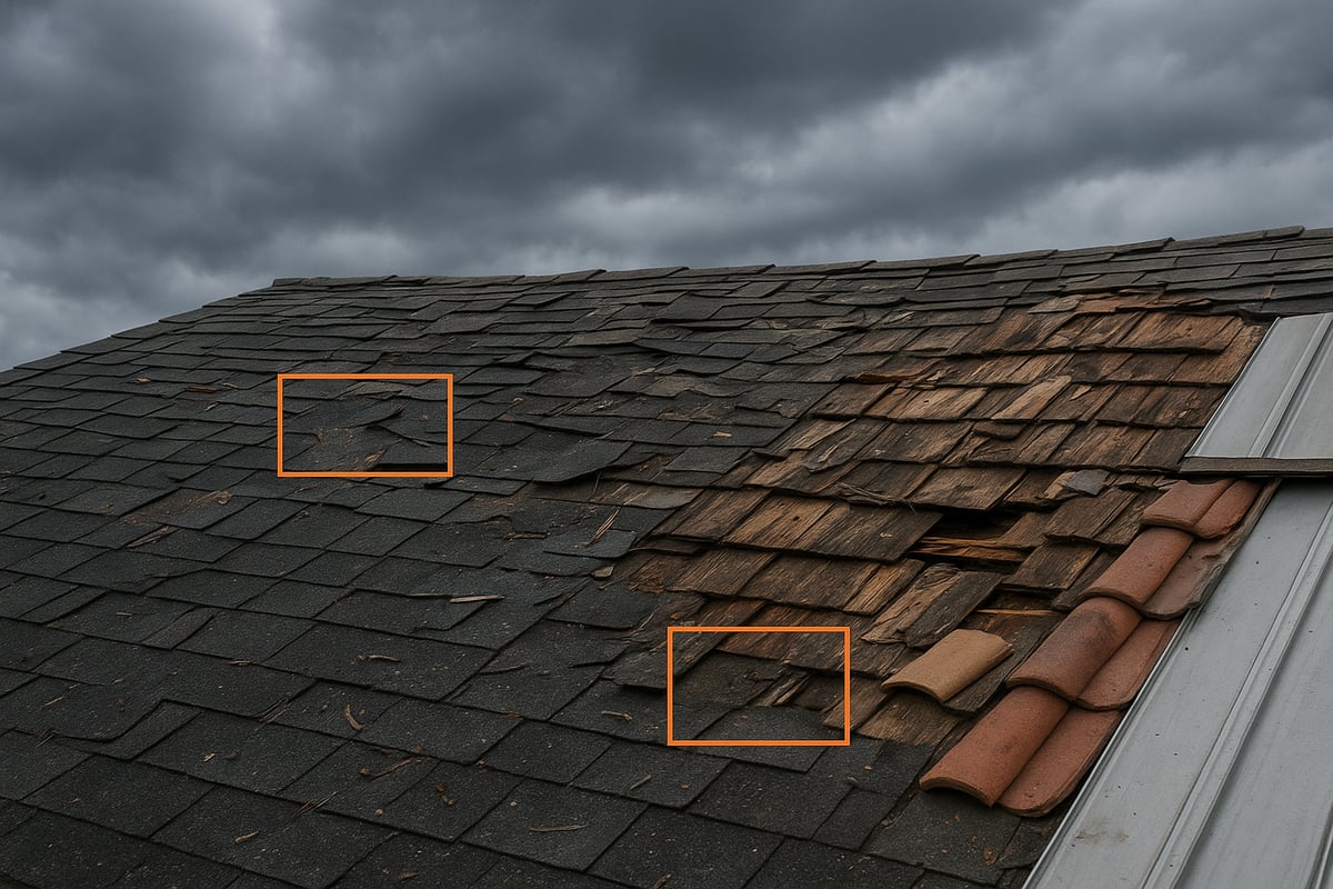 Roof showing wind damage with missing and lifted asphalt shingles, alongside dislodged wood shakes, under a cloudy sky.