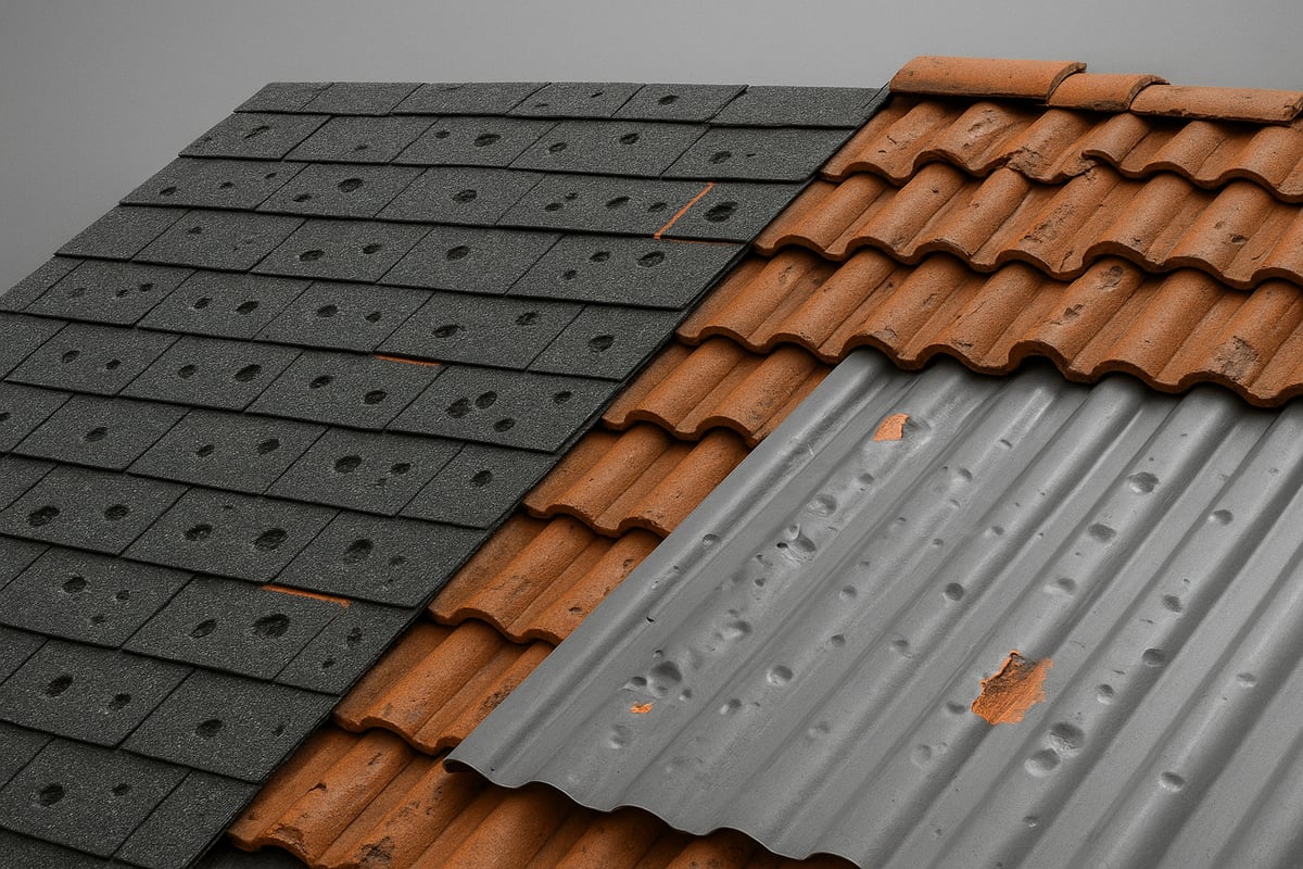 Roofing materials showing hail damage: asphalt shingles with black divots, clay tiles with splits, and metal roofing with dents and exposed areas.