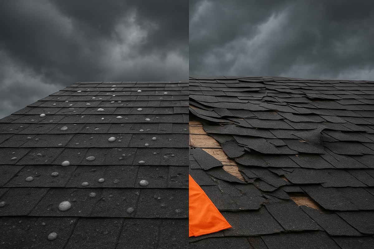 Roof showing hail damage with water droplets on the left and wind damage with missing shingles and exposed wood on the right, against a stormy sky, illustrating the effects of severe weather on roofing materials.