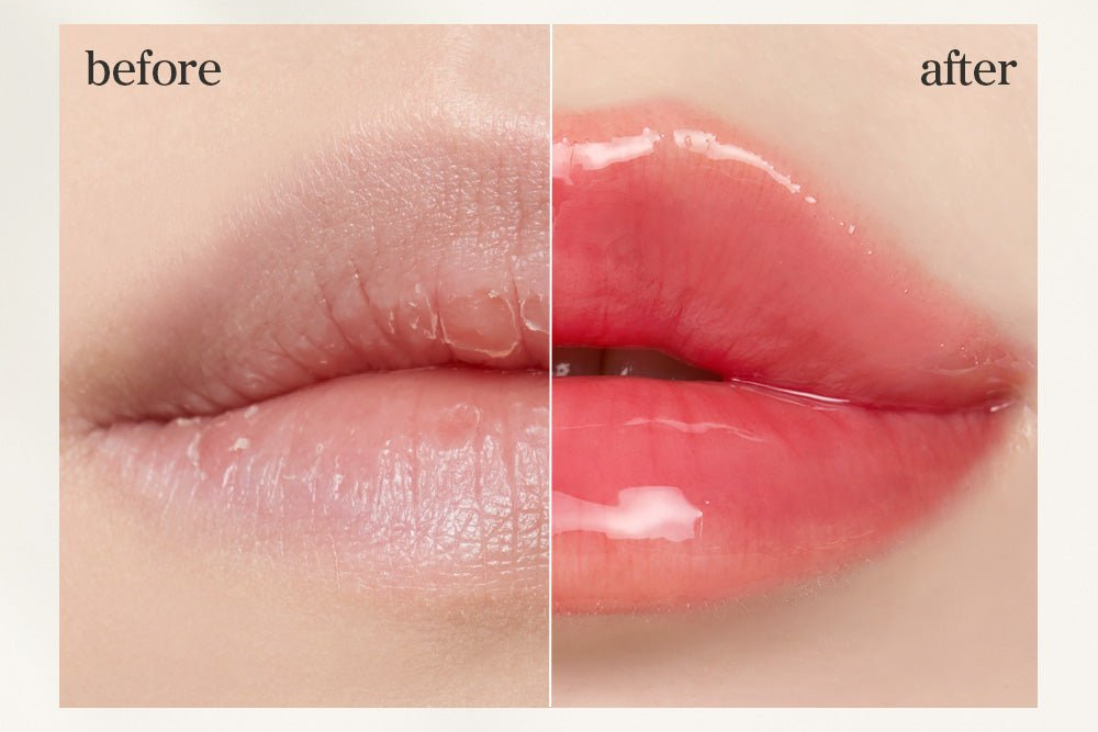 Before and after applying Appleberry Lip Oil on the lips