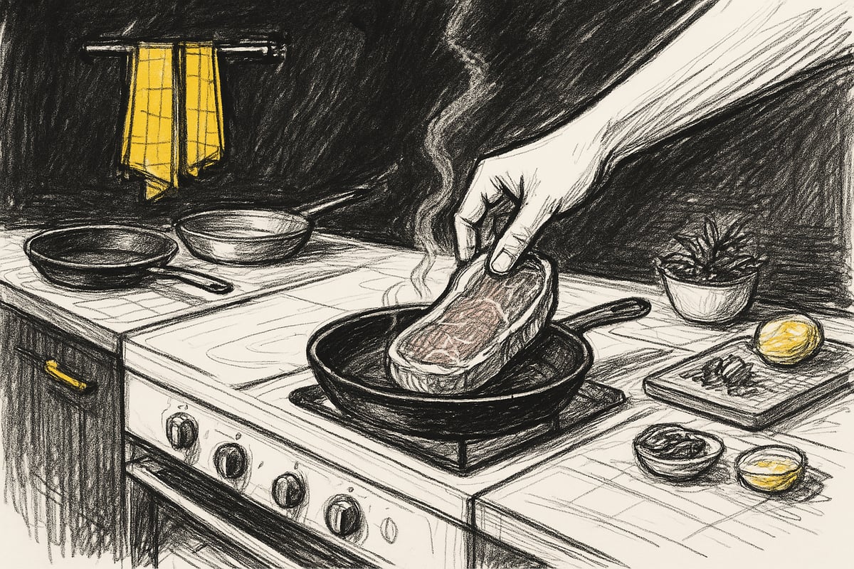 Skizze einer Küche mit Herd und verschiedenen Pfannen