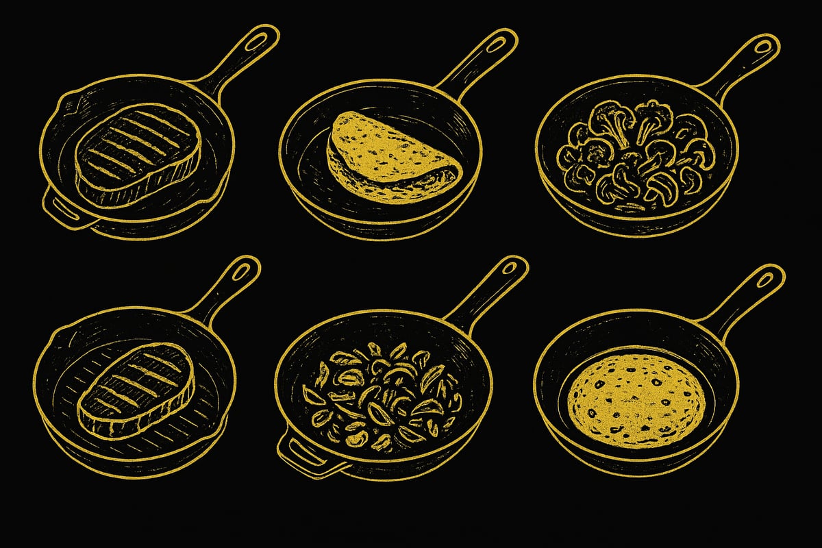 Skizze von verschiedenen Pfannenarten (Gusseisen, Edelstahl, etc.)