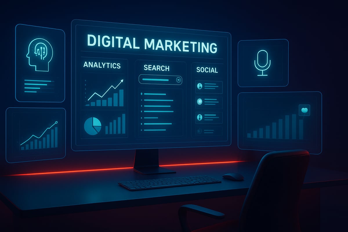 Futuristic computer displaying digital marketing analytics, charts, and data; dark setting with blue accents.
