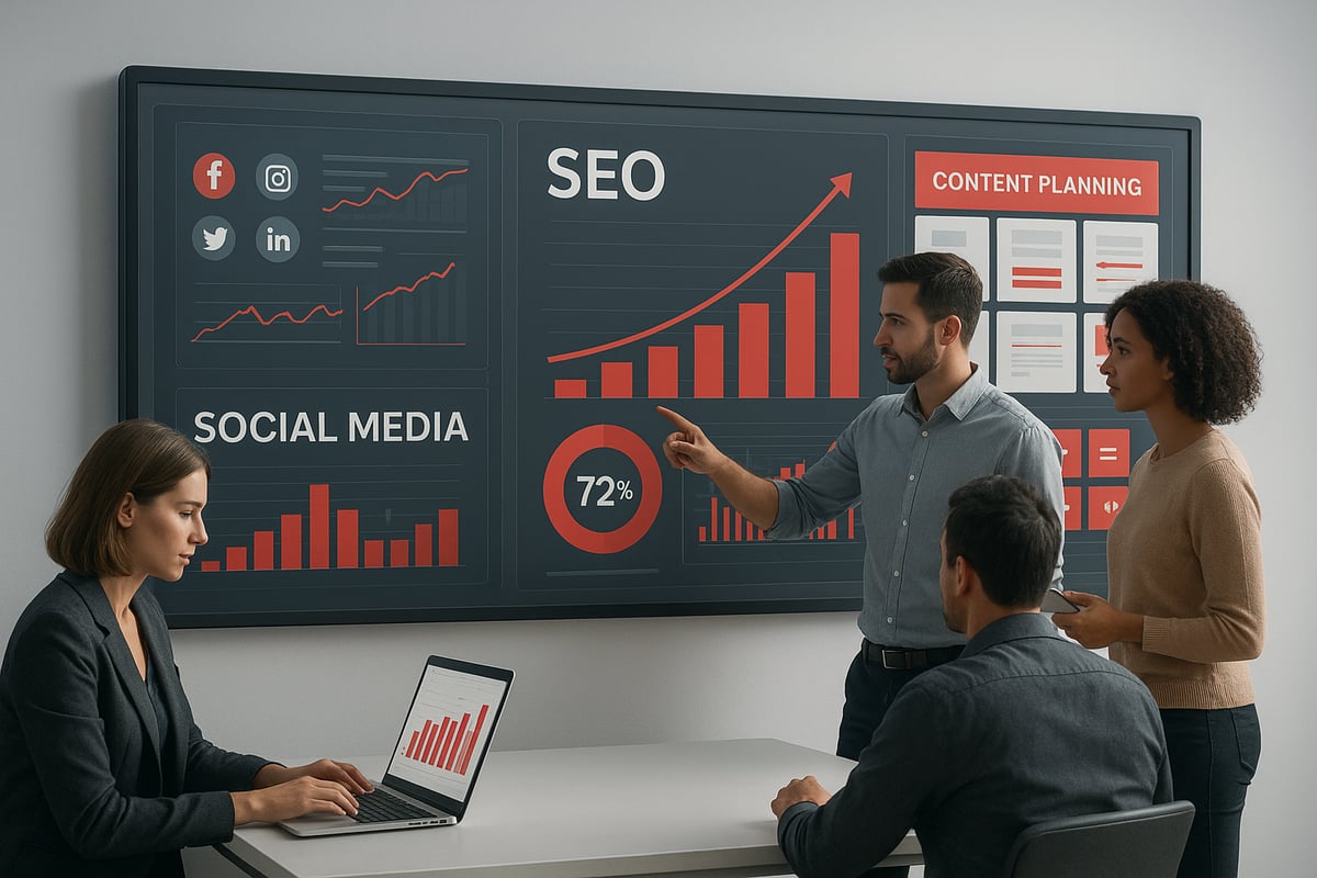 Four people in a meeting, one pointing at a screen showing SEO and social media data with upward trends.