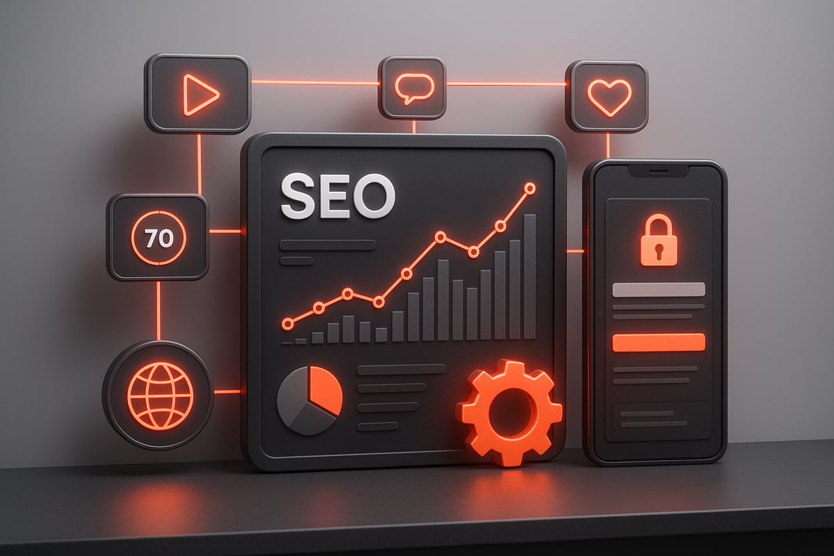 SEO concept illustration with chart, icons, and phone, highlighted in orange.