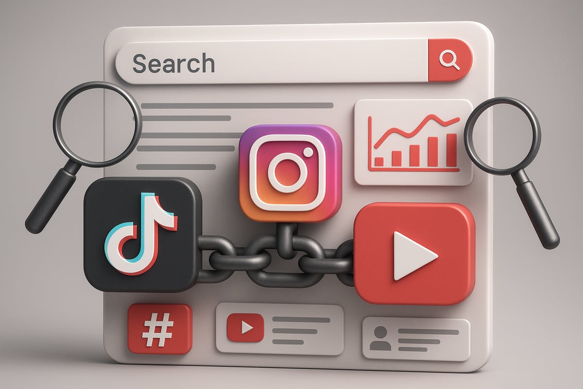 Social media apps linked by chain; Instagram, YouTube, TikTok, magnifying glasses, and search bar.