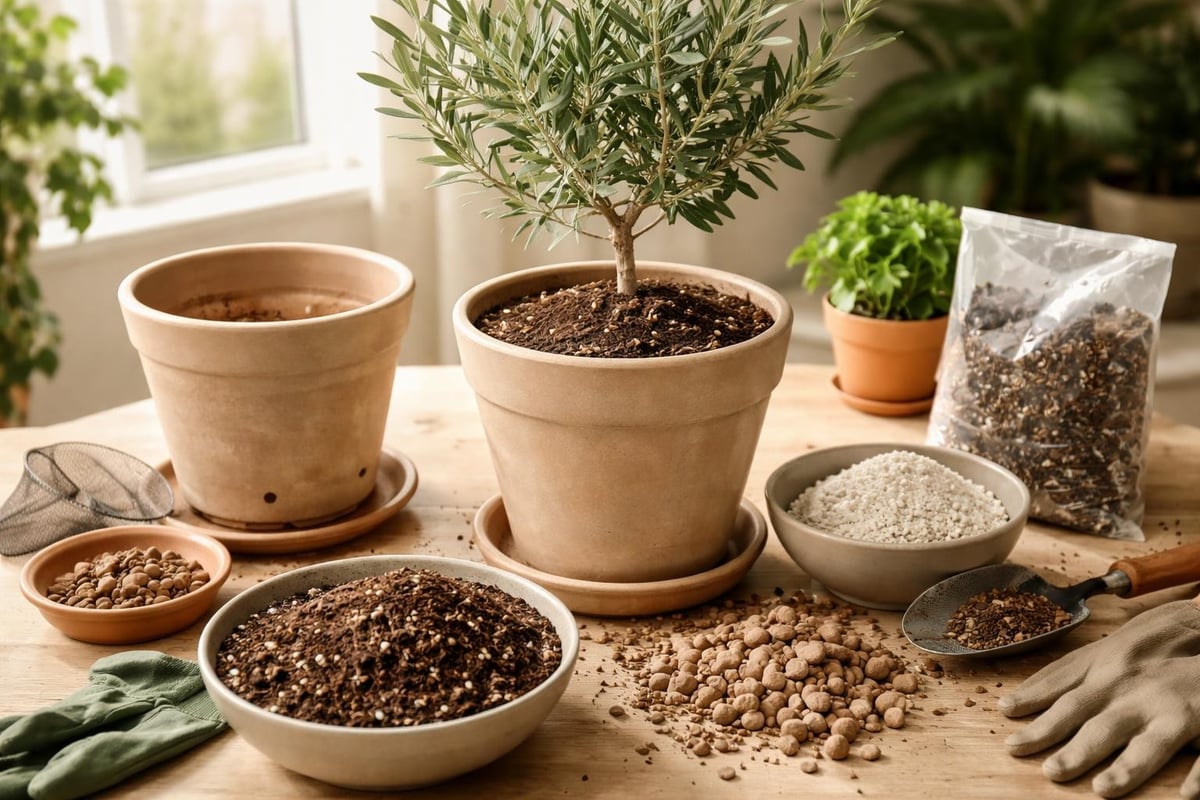 Container selection and soil composition for indoor olive trees