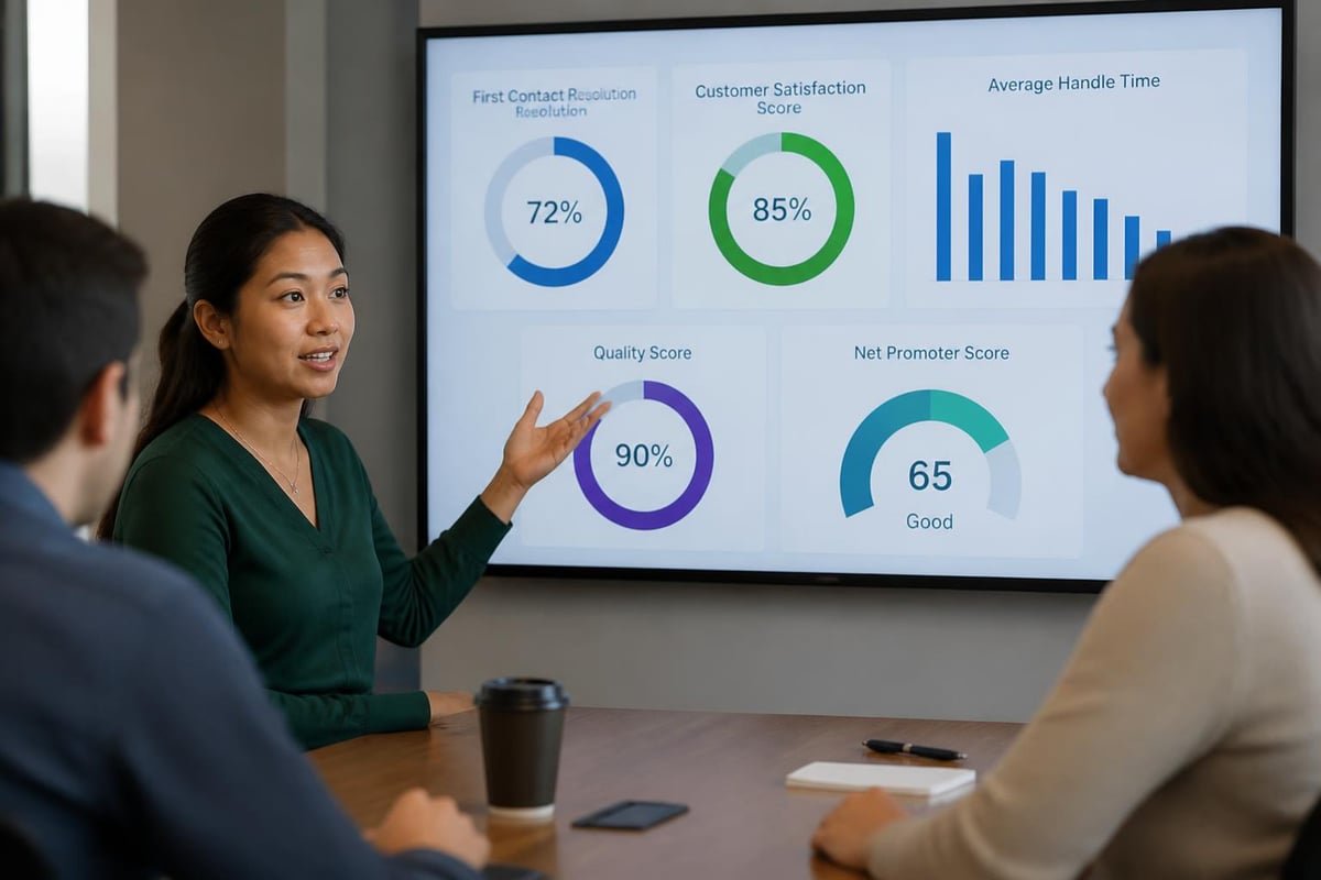 Woman presenting service quality metrics including First Contact Resolution, Customer Satisfaction Score, Average Handle Time, Quality Score, and Net Promoter Score in a business meeting context.