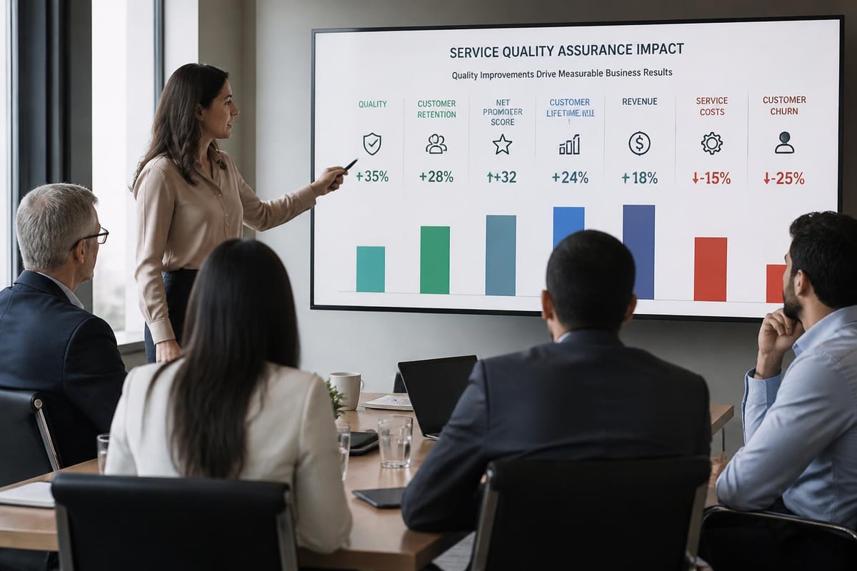 Business meeting showcasing a woman presenting data on service quality assurance impact, highlighting metrics like customer retention and Net Promoter Score on a screen, with audience engaged in discussion.