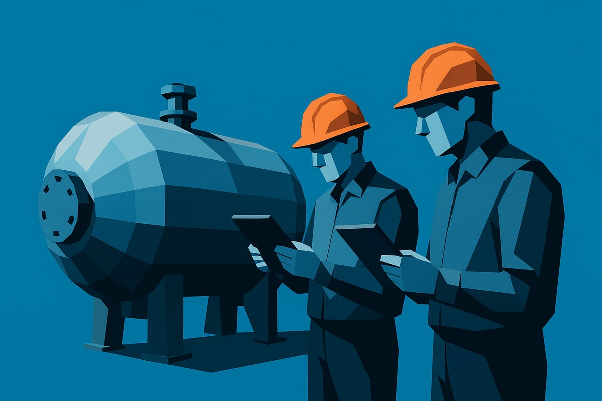 Low-poly illustration of two workers in orange hard hats examining a pressure vessel, emphasizing safety and compliance in pressure vessel welding and repair services.