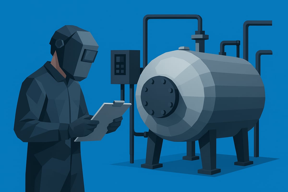Professional welder inspecting pressure vessel and documenting findings in a certified welding and repair service context.