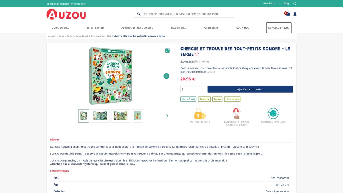 7 Idées De Livre Sonore Incontournables Pour 2025 - Cherche et trouve des tout-petits sonore - La ferme (Auzou) – 20,95€
