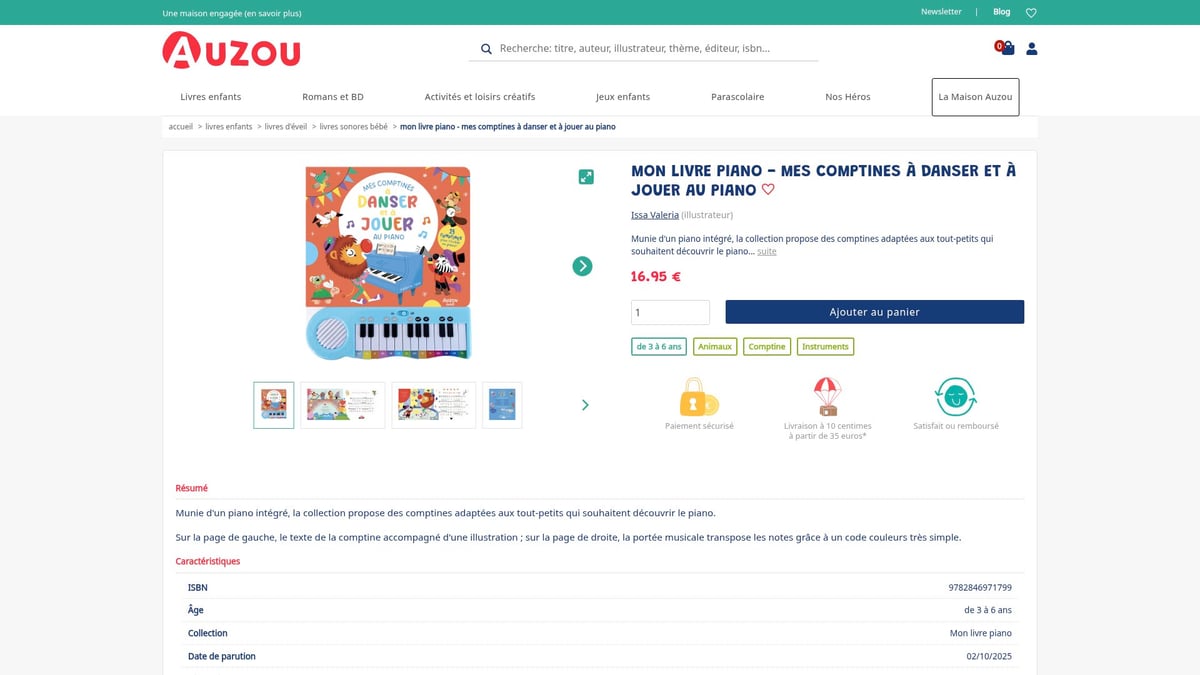7 Idées De Livre Sonore Incontournables Pour 2025 - Mon livre piano - Mes comptines à danser et à jouer au piano (Auzou) – 16,95€