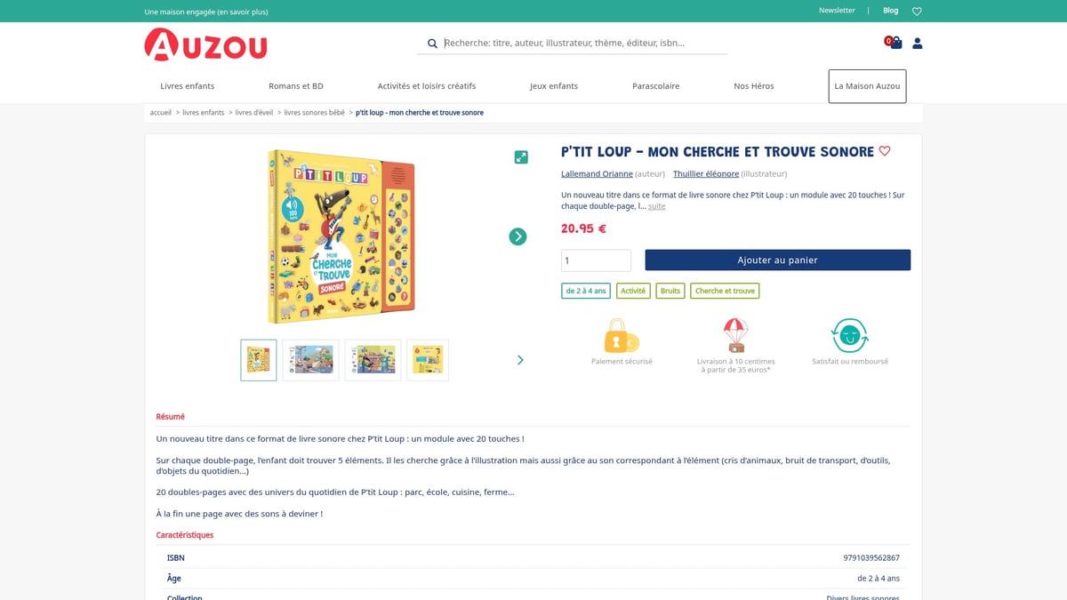 7 Idées De Livre Sonore Incontournables Pour 2025 - P'tit loup - Mon cherche et trouve sonore (Auzou) – 20,95€